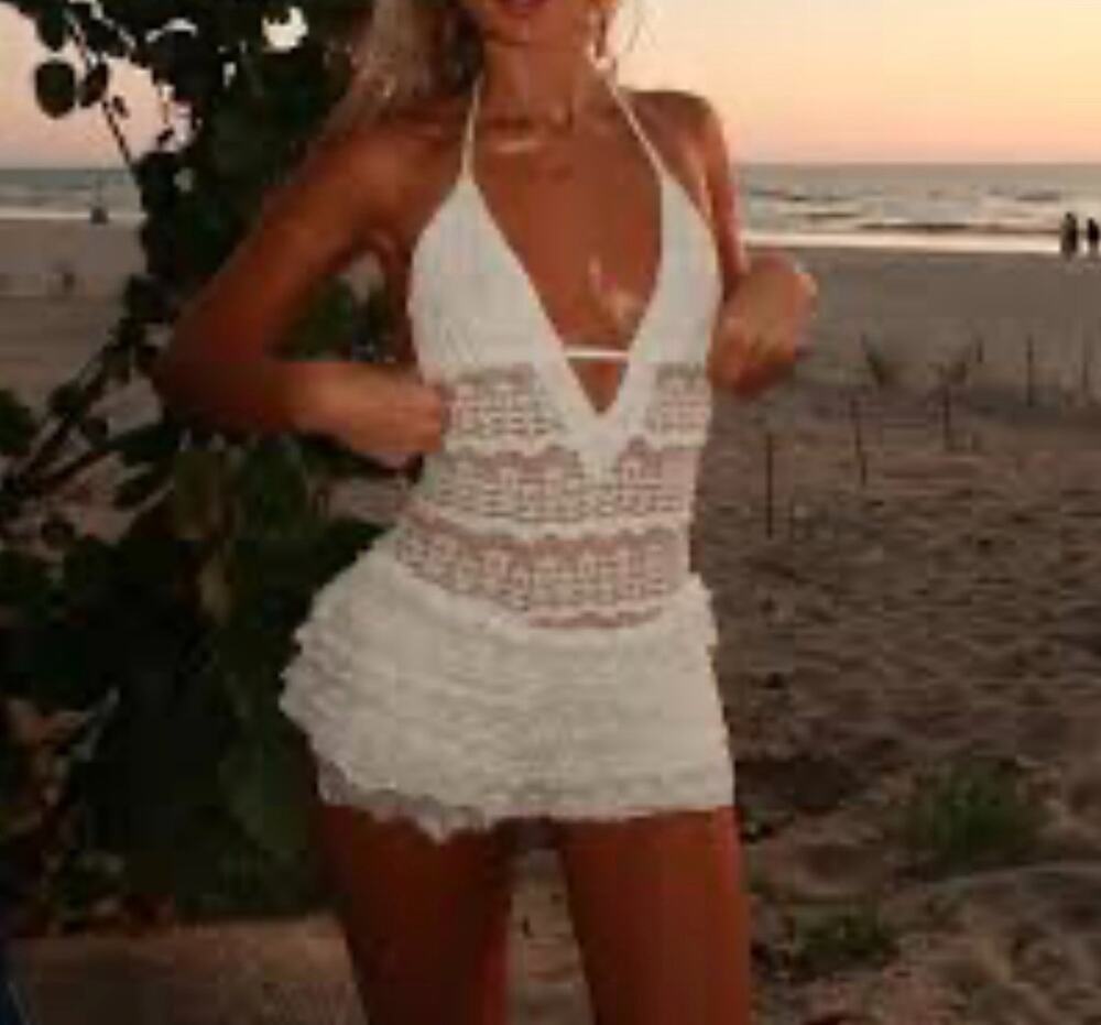 Edikted Lanney Ruffled Sheer Lace Romper Halter Small White NWT